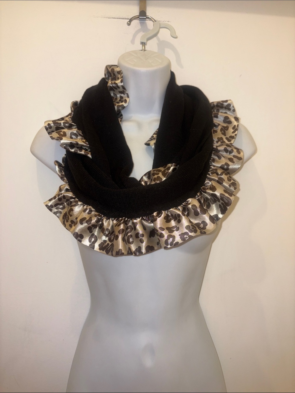 Black Infinity Scarf with Leopard-Print Satin Ruffle trim feminine fall one size